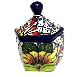 Mexican Trinket Box Art Pottery Lidded Ceramic Alba Mexico Floral 3D Blue Yellow